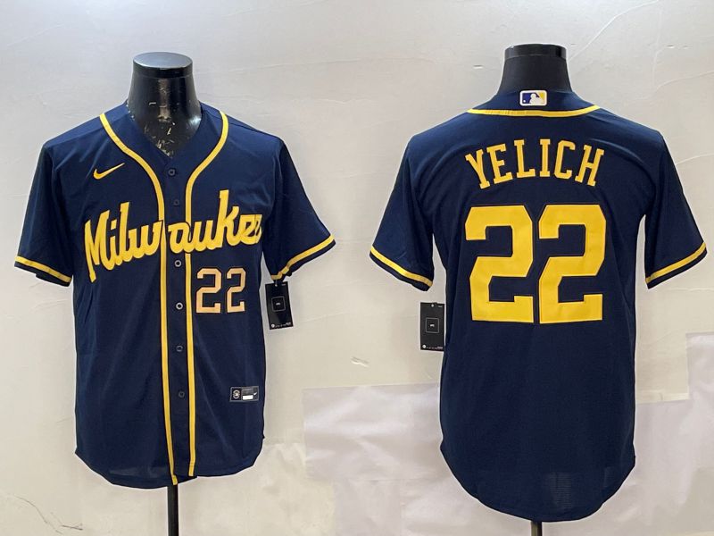 Men Milwaukee Brewers #22 Yelich Drak Blue Game 2025 Nike MLB Jersey style 4